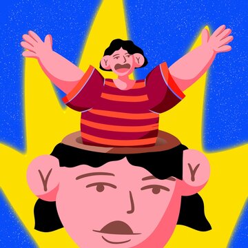 Smiling person comes out with arms outstretched from his head while there is a glow in the background