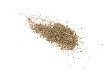 Black pepper powder isolated on white background, top view. Heap of black pepper powder on white background, top view. Black pepper powder isolated on white background, top view.