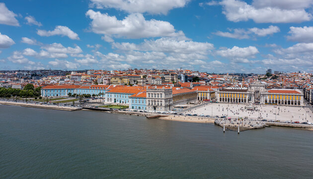 Panoramic aerial view of Lisbon with old pier and historic buildings, Lisbon, Portugal.