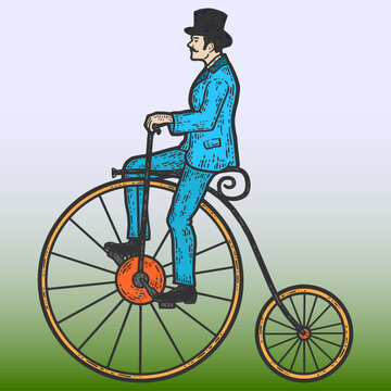 Vintage man on a high bike, penny farthing. Sketch scratch board imitation color.