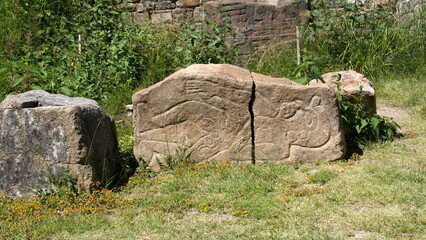 Carved stone at Monte Alban in Oaxaca, Mexico