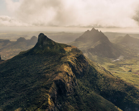 Panoramic aerial view of Mount Le Pouce and Mount Pieter Both in the background at sunrise, Moka, Mauritius.