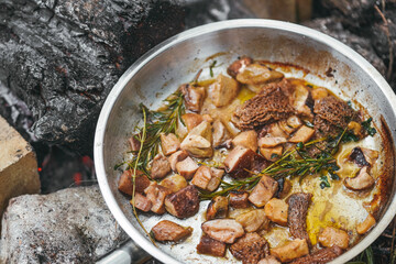 Campfire  smoking salmon in pan, near the fire outdoors. bushcraft, adventure, tea, knife and camping concept