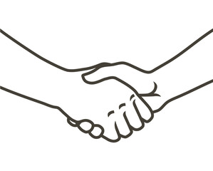 Fototapeta premium Two hands shaking each other. Partners handshake. Hands holding one another gesture of contract agreement, friendship. Logo icon sign. Vector line sketch illustration