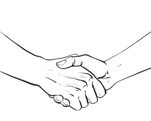 Fototapeta premium Two hands shaking each other. Partners handshake. Hands holding one another gesture of contract agreement, friendship. Logo icon sign. Vector line sketch illustration