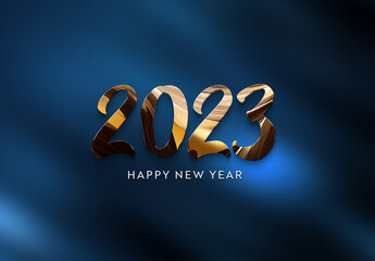 2023 greetings with golden effect. Shiny Happy new year text on dark blue for background, graphic design, banner, illustration. 3D rendering