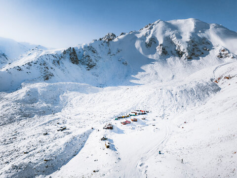 Aerial view of Meteo station in mountains on 3200 m above sea level in Almaty, Kazakhstan.