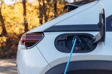 Charging an electric car in home,sustainable transportation concept.