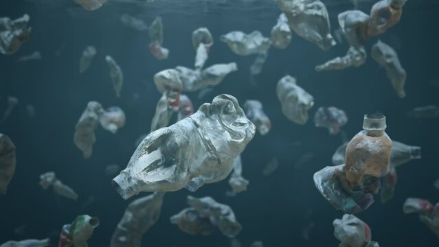 Plastic trash in water, bottles and cans floating underwater inside the ocean. Environment pollution. 