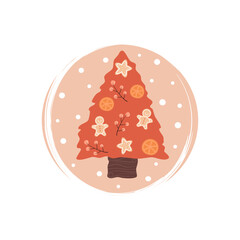 Cute christmas tree and snow icon vector, illustration on circle with brush texture, for social media story and highlights