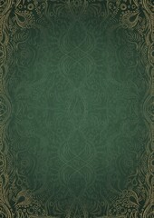 Hand-drawn unique abstract ornament. Light green on a dark warm green background, with vignette in golden glitter on darker background color. Paper texture. Digital artwork, A4. (pattern: p09d)