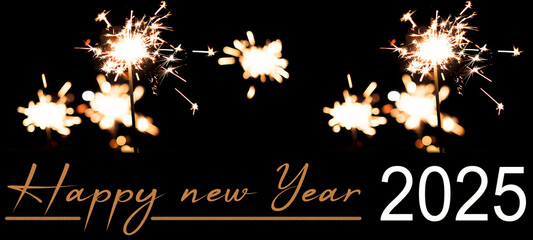 Happy new Year 2025 celebration background banner panorama long holiday greeting card - Many sparklers in the dark black night.