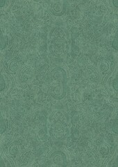Hand-drawn unique abstract symmetrical seamless ornament. Dark semi transparent green on a light cold green background color. Paper texture. A4. (pattern: p01d)