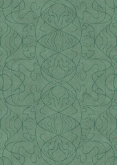 Hand-drawn unique abstract symmetrical seamless ornament. Dark semi transparent green on a light cold green background color. Paper texture. A4. (pattern: p02-1d)
