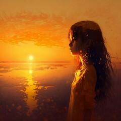 Artwork of Child Staring into the Sunset in front of the Ocean | Created Using Midjourney ai and Photoshop