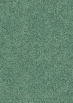 Hand-drawn unique abstract symmetrical seamless ornament. Dark semi transparent green on a light cold green background color. Paper texture. A4. (pattern: p04d)