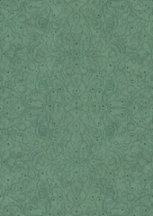 Hand-drawn unique abstract symmetrical seamless ornament. Dark semi transparent green on a light cold green background color. Paper texture. A4. (pattern: p07-2d)