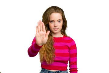 Young caucasian redhead woman isolated standing with outstretched hand showing stop sign, preventing you.