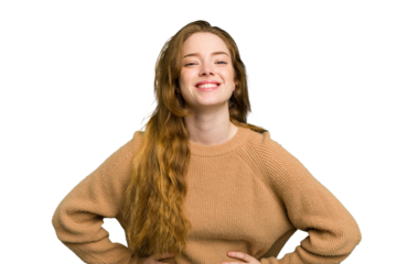 Young caucasian redhead woman isolated confident keeping hands on hips.