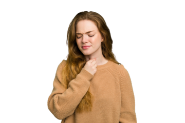Young caucasian redhead woman isolated suffers pain in throat due a virus or infection.