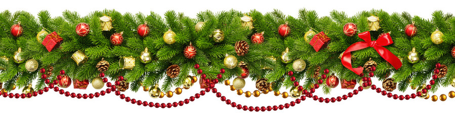 Christmas Border frame of tree branches isolated. Christmas garland with red bow