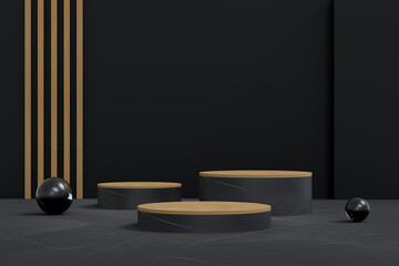 black podium minimal on stage with black and goden platform. stage to show cosmetic and jewelry product. stage black on pedestal modern 3d studio dark platform