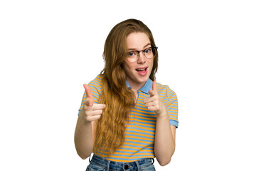 Young caucasian redhead woman isolated cheerful smiles pointing to front.