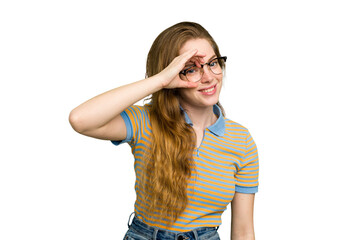 Naklejka premium Young caucasian redhead woman isolated excited keeping ok gesture on eye.