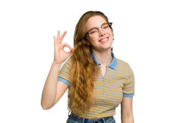 Young caucasian redhead woman isolated cheerful and confident showing ok gesture.
