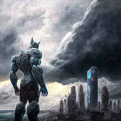 Fototapeta premium A powerful android robot surveys the city. 