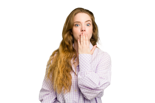 Young caucasian redhead woman isolated shocked, covering mouth with hands, anxious to discover something new.