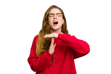 Young caucasian redhead woman isolated showing a timeout gesture.