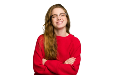 Young caucasian redhead woman isolated who feels confident, crossing arms with determination.