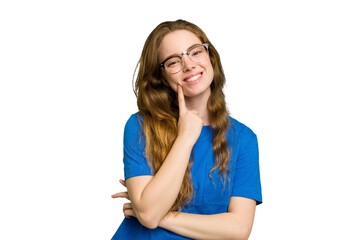 Young caucasian redhead woman isolated smiling happy and confident, touching chin with hand.