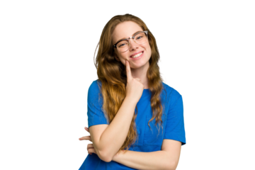 Young caucasian redhead woman isolated smiling happy and confident, touching chin with hand.