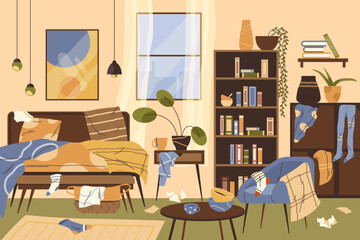 Dirty room interior, vector banner or background.