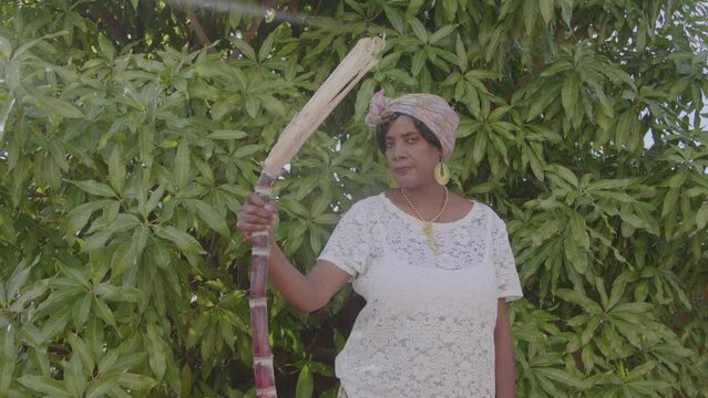 Elder Caribbean woman holding sugar cane in nature