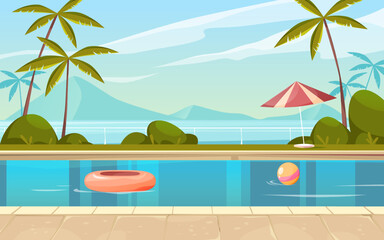 Pool view or poolside scenery, vector banner