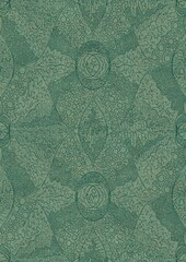 Hand-drawn unique abstract seamless ornament. Dark green on light cold green background, with splatters of golden glitter. Paper texture. Digital artwork, A4. (pattern: p05d)