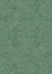 Hand-drawn unique abstract seamless ornament. Dark green on light cold green background, with splatters of golden glitter. Paper texture. Digital artwork, A4. (pattern: p07-2d)