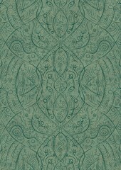 Hand-drawn unique abstract seamless ornament. Dark green on light cold green background, with splatters of golden glitter. Paper texture. Digital artwork, A4. (pattern: p08-2d)