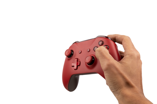 Hand holding a game controller on transparent background