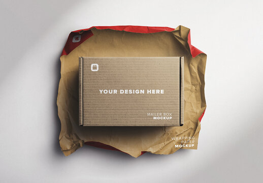 Mailer Box Mockup within Used Wrapping Paper