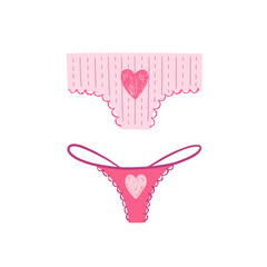 Pink women’s panties vector set. Classic panties and thong with heart symbol. Valentine’s day concept illustration.