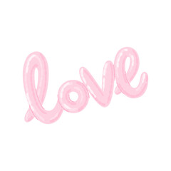 Word Love pink foil balloons isolated on white background. Valentine’s day concept illustration. Vector clipart for greeting cards, wedding invitations, party, birthday cards.