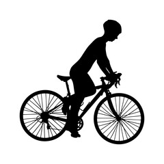 Fototapeta na wymiar Vector simple silhouette shadow shape, riding sport bicycle flat black emblem isolated on white backround. Logo design element. Sportive man person.