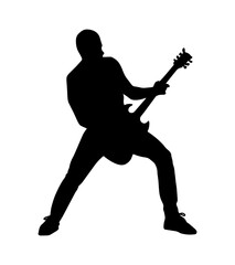 Fototapeta na wymiar Guitar playing man. Vector simple silhouette shadow shape, flat black icon isolated on white backround. Logo design element. Rock music hobby concept.