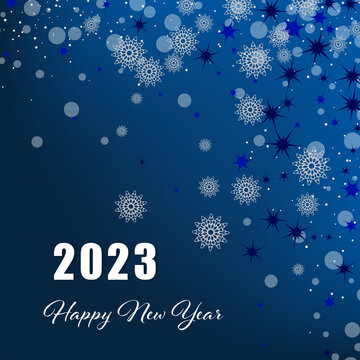 Winter background of snowflakes and decorative stars on a blue background, falling decor elements, happy new year 2023