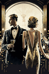 Naklejka premium Art Deco Party Celebration Illustration, Couple at a party in the style of the early 20th century, Gatsby Style, Fashion Illustration , New Year's Eve