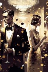 Art Deco Party Celebration Illustration, Couple at a party in the style of the early 20th century, Gatsby Style, Fashion Illustration , New Year's Eve